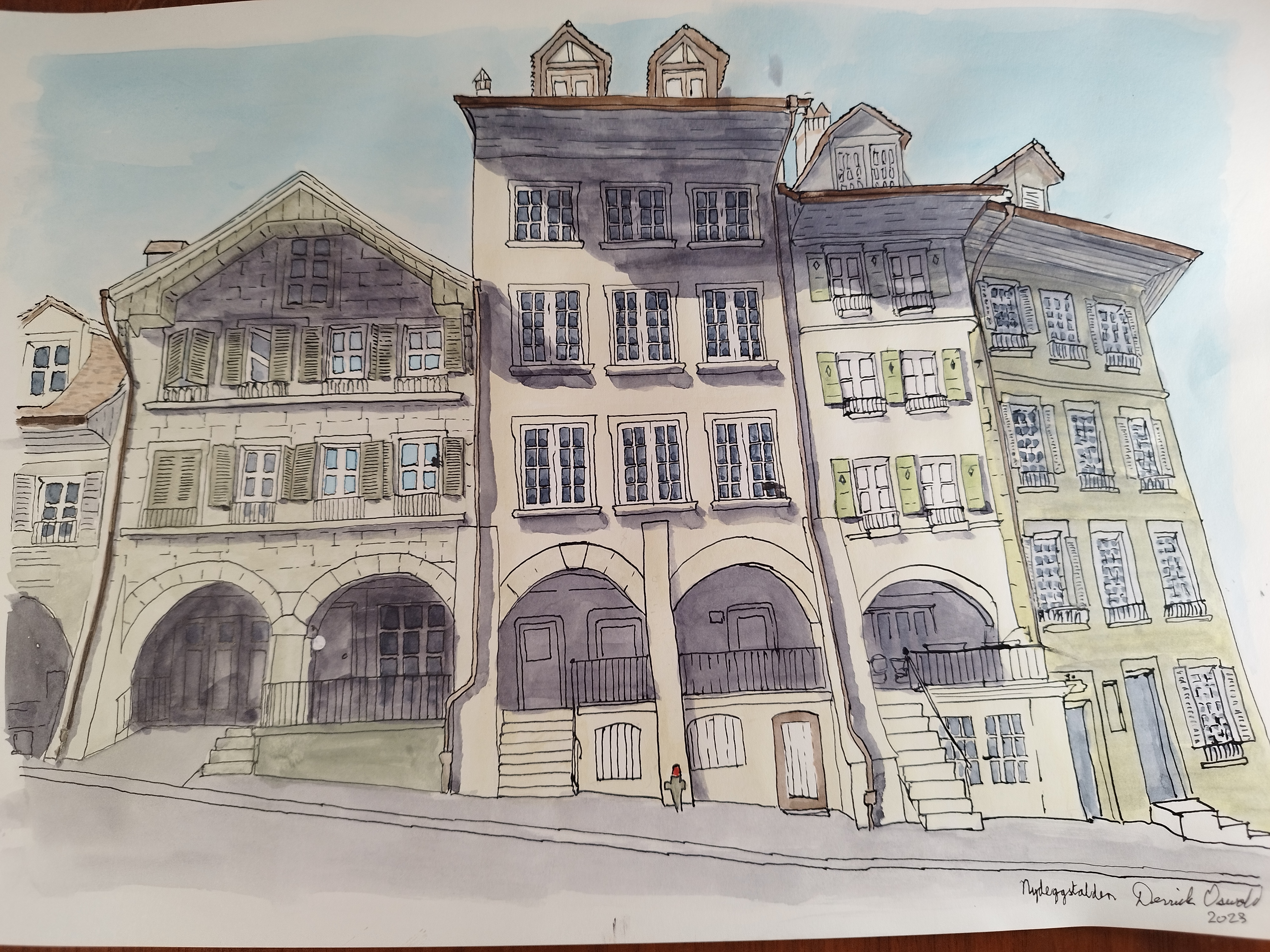 watercolour of Nydeggstalden in Bern Switzerland