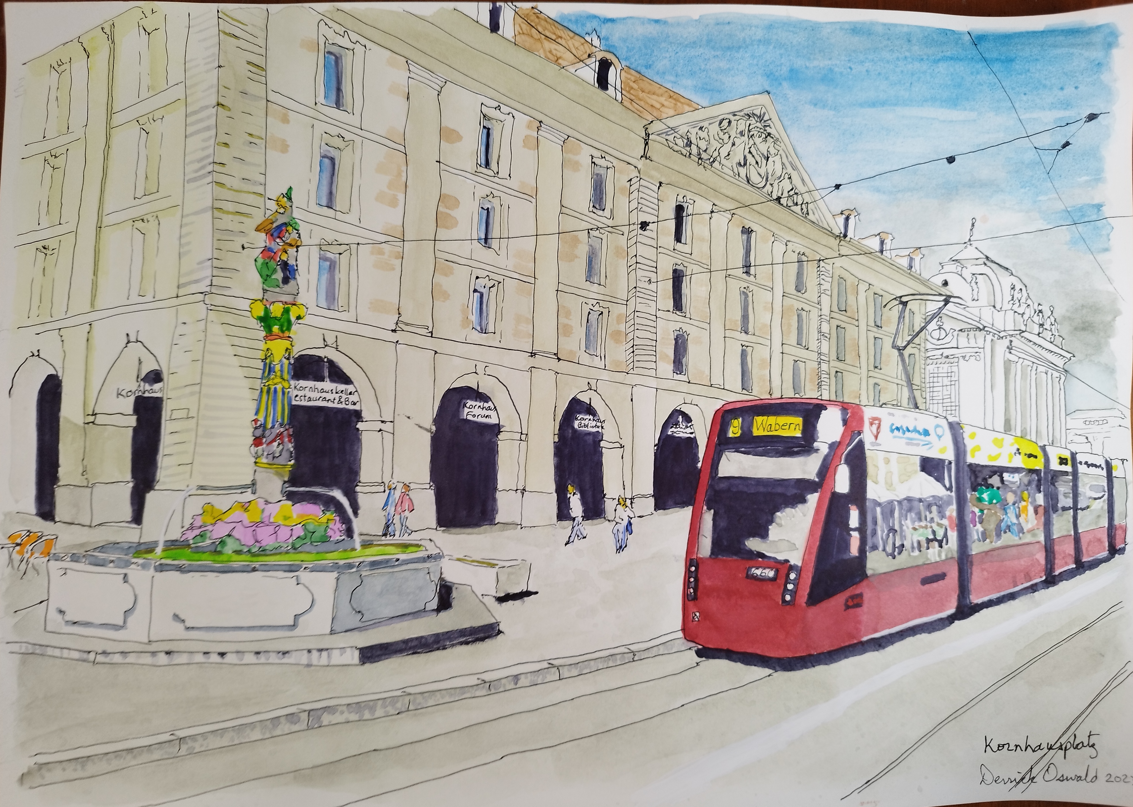 watercolour of the Kornhausplatz in Bern Switzerland featuring the bright red number 9 tram