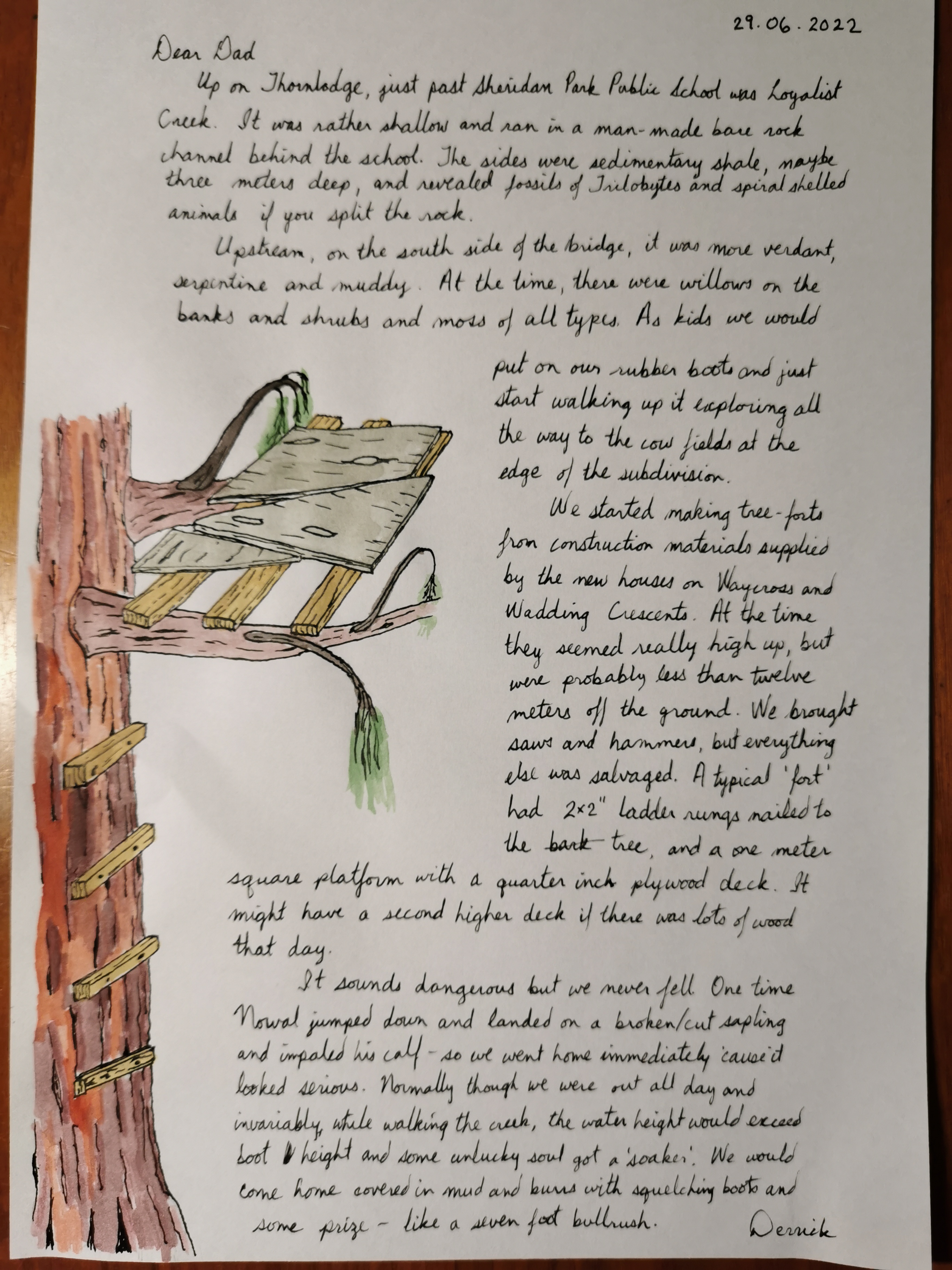 cursive letter about tree forts