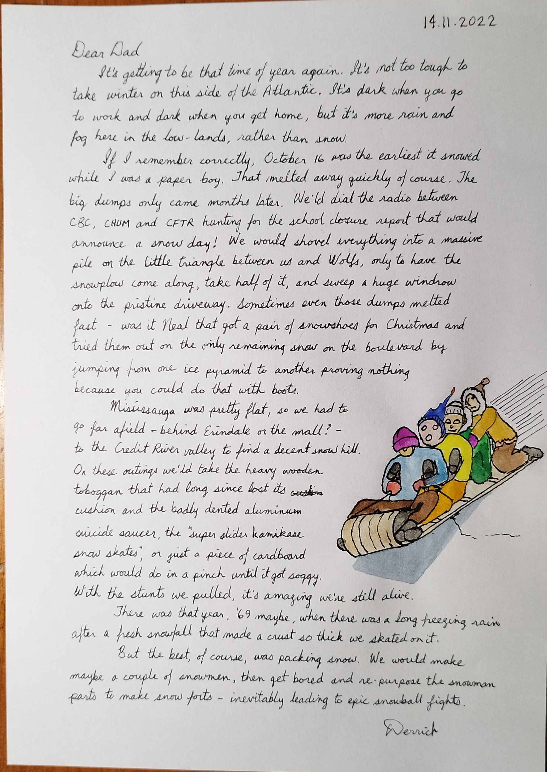 cursive letter about snow