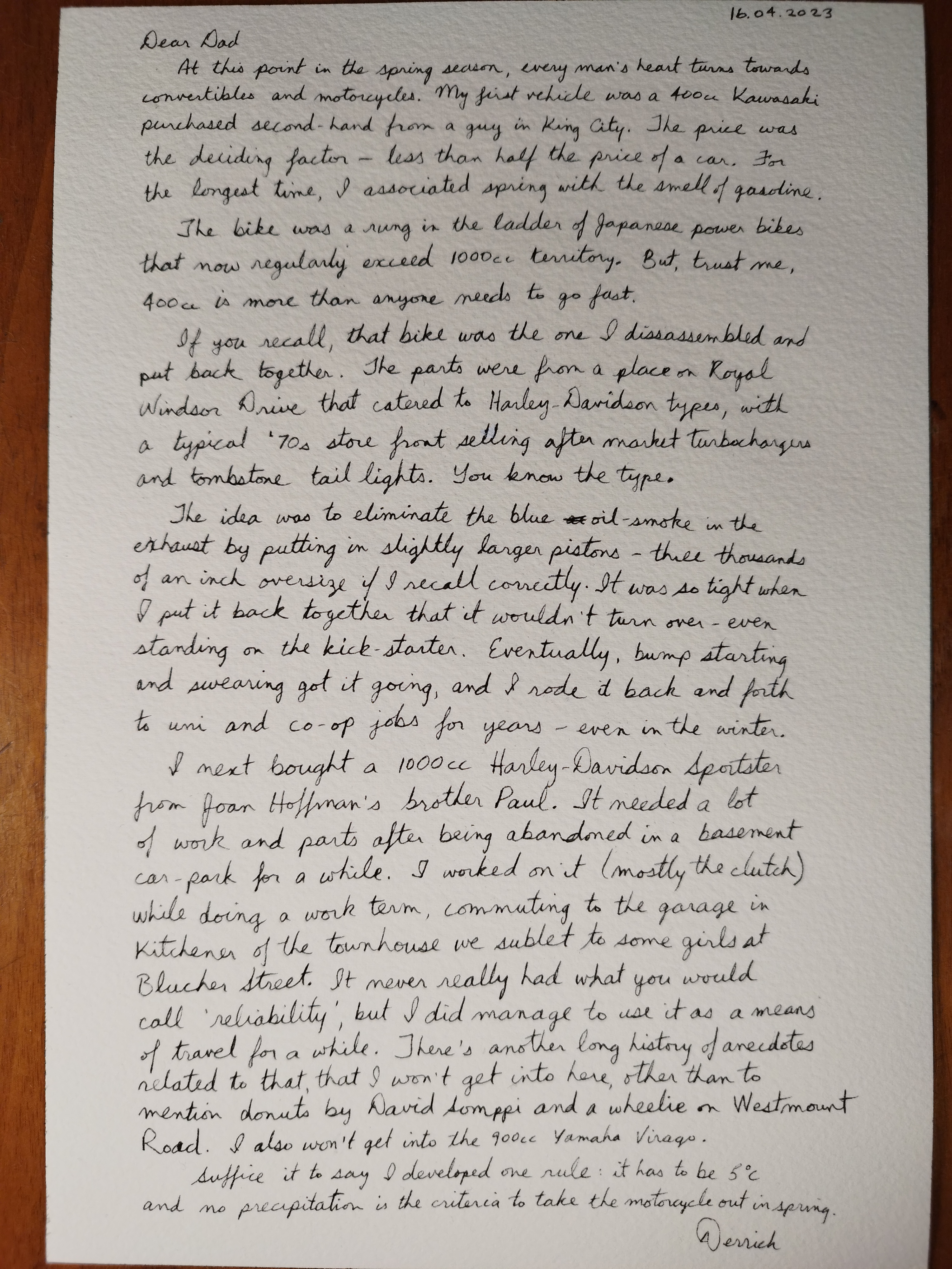 cursive letter about motorcycles