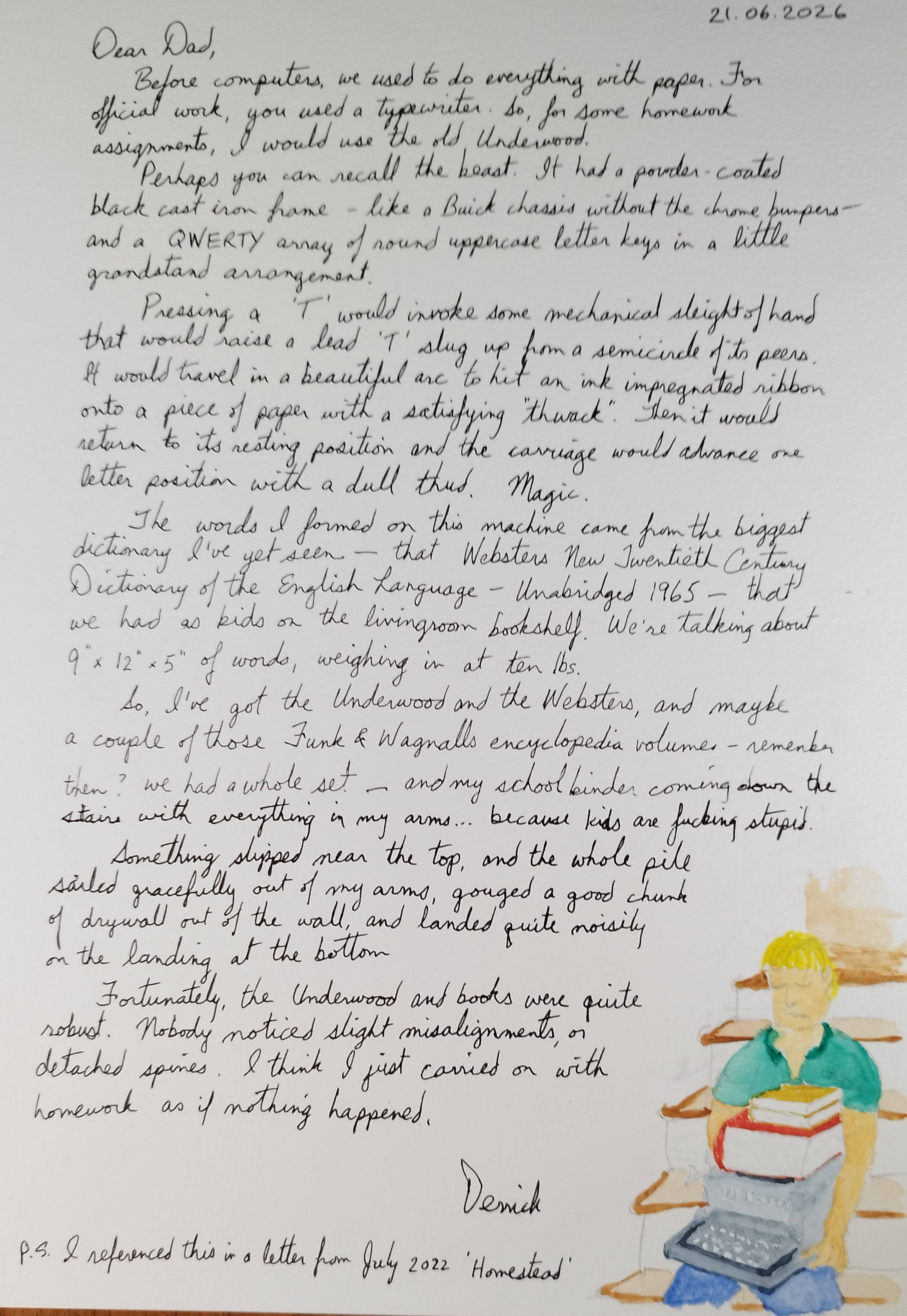 cursive letter about typerwriters and dictionaries